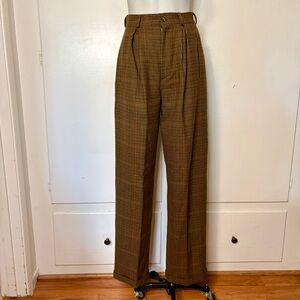 Vintage Calvin Klein Brown Wool Plaid Pleated Waist High Rise Cuff Hem Trousers